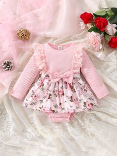 Pink  Collar Long Sleeve Knitted Fabric Floral A Line Embellished Slight Stretch  Baby Girls Clothing Baby Clothes Pink, Pink Baby Clothes, Baby Girl Clothes Newborn, Infant Girl Clothes, Baby Pink Clothes, Girl Baby Clothes