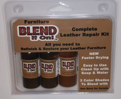 three bottles of furniture repair kit with instructions for leather repair and refurberating