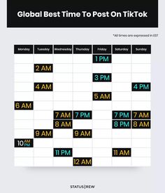 the global time to post on tiktok is shown in black and white with yellow numbers