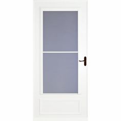 a white door with two glass panels on the top and bottom panel, against a white background