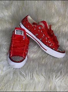 Quince Shoes Sneakers Red, Red Custom Low-top Sneakers With Laces, Red Bedazzled Converse, Converse Custom Low-top Sneakers With Red Sole, Red Lace-up Converse Sneakers, Converse Chucks, Hoco 2024, Low Top Converse, Ribbon Shoes