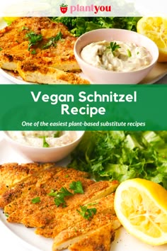 vegan schnitzel recipe on a plate with lemons and parsley