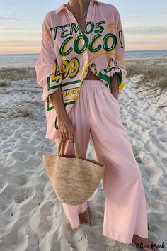 Olivia Mark - Relaxed Elegance Two-Piece Vacation Set with Linen Blouse and Wide Leg Pants Casual Two-piece Pants For Vacation, Vacation Ready Wide Leg Two-piece Set, Vacation Two-piece Set With Wide Leg, Vacation Two-piece Wide Leg Set, Two-piece Pants For Vacation In Spring, Long Sleeve Sets For Beach Season Day Out, Long Sleeve Beach Sets For A Day Out, Summer Vacation Sets With Wide Leg, Summer Vacation Sets With Wide Legs