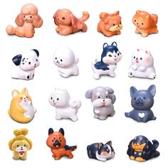 a bunch of small toy animals sitting on top of each other in different colors and shapes