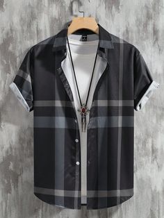 Black Casual Collar Short Sleeve Fabric Plaid Shirt Embellished Non-Stretch  Men Clothing Plaid Print Shirt, Plaid Print, Men Clothing, Print Shirt, Black Casual, See It, Mens Outfits