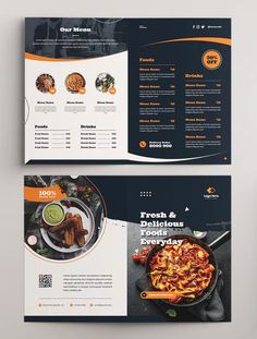 two fold brochures with food items on them