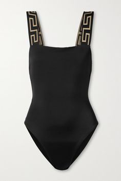 Versace's swimsuit is jacquard-woven with the label's instantly recognizable 'Greca' motif along the wide, supportive straps. Made from smoothing stretch fabric, it has a flattering square neckline, low back and high-cut legs. -- Black stretch-polyamide - Pulls on - 78% polyamide, 22% elastane; trim: 82% polyester, 9% polyamide, 9% elastane; lining: 78% polyamide, 22% elastane - Hand wash - Lotion, sunscreen, oil and chlorine can cause discoloration of this item; this is not a manufacturing defe Versace Swimsuit, Modern Swimsuit, Halter Neck Swimsuit, Versace Outfit, Costume Intero, Versace Sunglasses, Aviator Style, Long Torso, Blue Swimsuit