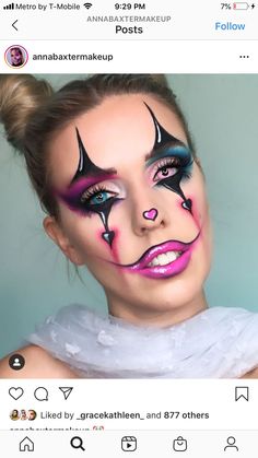 Twisted Clown Makeup, Killer Clown Costume Women Diy, Girls Clown Makeup, Clown Makeup For Men, Female Clown Makeup, Rainbow Clown Makeup, Hot Clown Makeup, Glam Clown Makeup, Colorful Clown Makeup