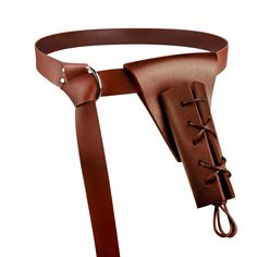 a brown leather belt with a metal buckle on the side and an open loop at the end