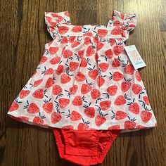 Nwt Strawberry One Piece Set Red Summer Playtime Dress, Red Summer Dress For Playtime, Red Cotton Dress For Playdate, Red Fitted Dress For Playdate, Red Cotton Dress For Playtime, Casual Red Strawberry Print Dress, Red Playful Dress For Playwear, Playful Red Dress For Playwear, Red Short Sleeve Dress For Playtime