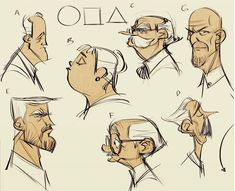 some sketches of people in suits and ties with different facial expressions, including the man's head