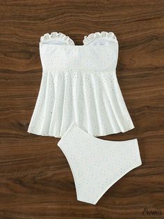 Eromis - Womens Eyelet Embroidery Hollow Out Bowknot 2 Piece Set Tankini - Bandeau Style, Plain Stretchy Ruffle Swimsuit - High-Quality Swimwear & Clothing White Ruffled Beachwear Set, White Ruffled Beach Set, White Embroidered Vacation Sets, White Sleeveless Sets For Beach Season, White Fitted Swimwear Set, Bandeau Tankini, Eyelet Embroidery, Ruffle Swimsuit, Cleaning Materials