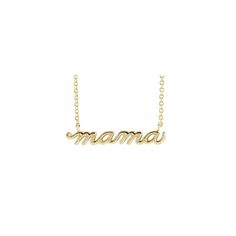 Yellow Gold Script Mama Necklace with delicate chain  on white background white  Camille Jewelry Custom Name Necklace In Yellow Gold For Mom, Dainty 14k Gold Name Necklace For Mom, Minimalist Gold Name Necklace As Gift For Mom, Custom Name Yellow Gold Necklace Gift For Mom, Custom Name Yellow Gold Necklace For Mom, Custom Name Yellow Gold Jewelry Gift For Mom, Minimalist Name Necklace Gift For Mom, White Gold Mother's Day Name Necklace, 14k Gold Nameplate Charm Necklace For Mother's Day