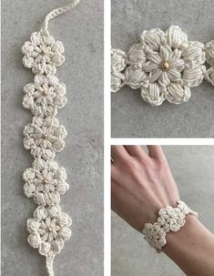 crocheted bracelets with flowers on them are shown in three different pictures, one is