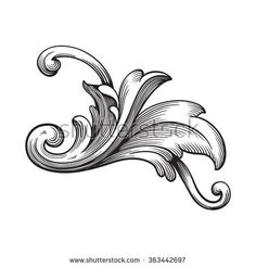 an ornate design in black and white on a white background, with swirly lines