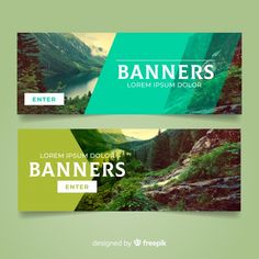 two banners with mountains, trees and water in the background for an outdoor advert