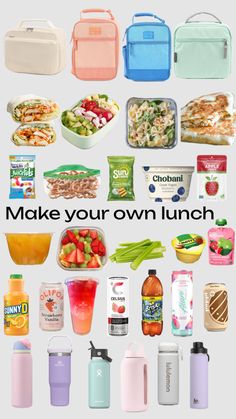 the words make your own lunch are displayed in front of an image of various food items