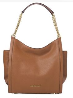 Brown Workwear Bag With Chain Strap, Michael Kors Textured Leather Work Bag, Michael Kors Leather Bag With Leather Trim, Michael Kors Cognac Bag With Gold-tone Hardware, Chic Gold Bag With Leather Trim, Chic Michael Kors Brown Shoulder Bag, Michael Kors Leather Bag With Chain Strap, Michael Kors Brown Bag With Chain Strap, Cognac Bag With Chain Strap For Everyday Use