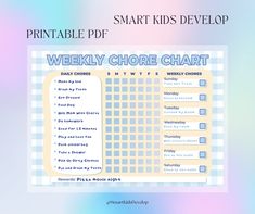 the printable kids's weekly chore chart is shown in blue and yellow