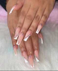 Long French Nails With Rhinestones, V French Tip Nails With Rhinestones, Nuetral Prom Nails, French Tip With Bling, French Nails With Diamonds, French Nails With Gems, Summer Toe Nails, Nails Only, Bling Acrylic Nails