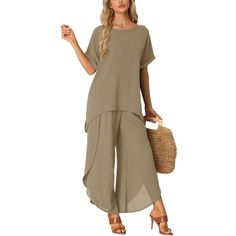 Loose style, can be loungewear and outfits wear, solid color and casual short sleeve shirts and wide-leg pants. Basic but fashionable, and ensuring comfort for all-day wear. These short-sleeved shirt sets feature a round neck and slip wide leg pants, loose fit, adding functionality and style. These pants are high-slip, adding a flowy and fresh feel. Practical loungewear for everyday wear in spring, summer, or fall. With a unique side slip at the pants, a poll on t-shirt style, and good clothes c Solid Color Summer Vacation Sets, Solid Color Summer Vacation Set, Relaxed Fit Leisure Sets For Spring, Short Sleeve Matching Loungewear Sets, Short Sleeve Matching Sets For Loungewear, Matching Short Sleeve Loungewear Sets, Matching Set Loungewear With Short Sleeves, Comfortable Relaxed Fit Short Sleeve Sets, Vacation Cotton Sets In Solid Color