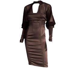 A Gorgeous Rich Brown Fine Stretch Silk Dress From Tom Ford For Gucci. The Dress Portion Is Strapless Then It Is Sheer To The Stand Up Collar At The Neck And To The Elbows Of The Dramatic Leg Of Mutton Sleeves Which Are Opaque From Elbows To The Zippered Wrists. The Semi Fitted Waist Gives Way To A Straight Skirt With Vertical Seaming And Is Unlined With Meticulously Finished Seams And A Side Zipper. Fits Sizes Small, Medium. Marked Italian Size 42. Bust 34-36" Waist 28-30" Hips 38-40" Sleeves F Gucci Fitted Mini Dress For Night Out, Sheer Silk Midi Dress For Formal Occasions, Formal Sheer Silk Midi Dress, Fitted Gucci Dress For Night Out, Gucci Fitted Dress For Night Out, Gucci Fitted Midi Dress For Evening, Gucci Knee-length Cocktail Dress, Chic Gucci Dress For Night Out, Gucci Fitted Midi Dress