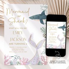 an image of a wedding card with a shark on it and the text, mermaid on shark? what will you be?