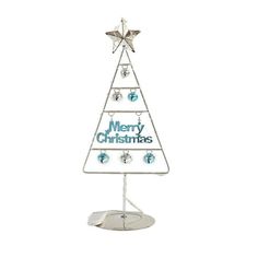 a metal christmas tree with ornaments on it