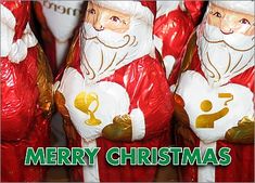 santa clause figurines are lined up in red and white bags with gold lettering on them