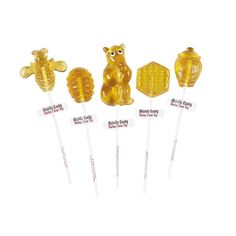 honey bear lollipops are shown in the shape of honeycombs with labels on them