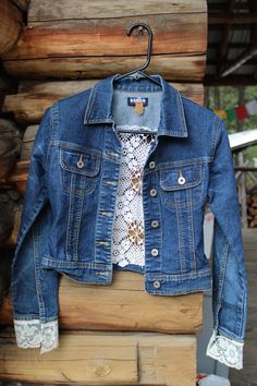 upcycled denim jacket with an all-lace back with lined cuffs with vintage lace. size XS adult or XL youth brand of jacket  Bango Lace Jackets For Women, Upcycled Denim Jacket, Womens Jackets, Lace Jacket, Upcycled Denim, Lace Back, Upcycle Clothes, Vintage Lace, Favorite Outfit