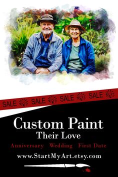 two people sitting next to each other on a black and white background with the words custom paint their love