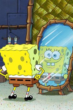 the spongebob character is standing in front of a mirror