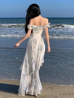 Lasaky - Seaside Vacation Beach Sun Dress with Ruffled Hem, Off-Shoulder Long Dress Summer Vintage Dress, Ethereal Fashion Aesthetic, Casual Princess Outfits, Flowy Princess Dress, Long Dress Aesthetic, Fairytale Dress Aesthetic, Flowy Dress Aesthetic, Fairy Party Dress, Flower Fairy Dress