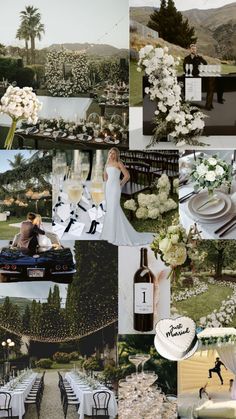 a collage of wedding photos with white flowers and greenery on the table, bride and groom in black car