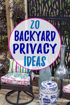 the back yard privacy area with chairs and vases