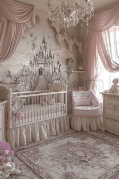 a baby's room with a princess castle mural on the wall and a chandelier hanging from the ceiling