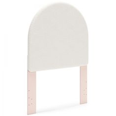 a white headboard with wooden legs and a pink frame on the bottom, against a white background