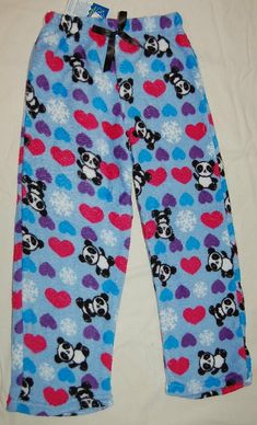 Playful Blue Sleep Bottoms, Playful Multicolor Bottoms For Sleep, Playful Multicolor Sleep Bottoms, Playful Multicolor Bottoms For Bedtime, Playful Multicolor Bedtime Bottoms, Cute Blue Loungewear Bottoms, Panda Pyjamas, Girls Pjs, Purple Hearts