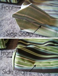 two pictures showing how to sew the side seam on a striped shirt and tie