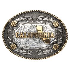 Product Details: California state design Classic western engraving Antique gold and silver 3" H x 4" W Rope edge border Oval Fits belts up to 1 3/4" wide Zinc Western Style Gold Belts For Western-themed Events, Gold Western Belt For Western-themed Events, Gold Concho Belt For Western-themed Events, Gold Concho Belt Buckles For Rodeo, Gold Western Belt With Concho, Engraved Adjustable Western Belt Buckles, Western Gold Belt With Concho, Gold Concho Belt Buckles For Western-themed Events, Luxury Vintage Engraved Belt Buckles