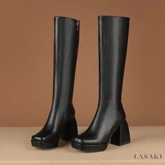 Lasaky - Long Boots with Tapered Leg and Headpiece Winter Knee-high Boots With Platform And Square Toe, Tall Black Knee-high Boots With Square Toe, Black Knee-high Boots With Square Toe, Black High Ankle Heeled Boots, Black Square Toe Heeled Boots For Winter, Black Knee-high Boots With Block Heel For Winter, Winter Closed Toe Platform Boots For Formal Occasions, Closed Toe Platform Boots For Winter Formal, Trendy Black Square Toe Knee-high Boots