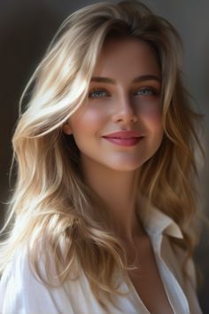 a woman with long blonde hair and blue eyes smiles at the camera while wearing a white shirt