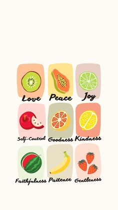 the words love peace joy, fruit and vegetables are arranged in squares on a white background