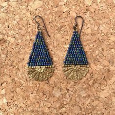 These carefully woven beaded earrings are inspired by the work of @thepacificthread. These earrings are very versatile and can be worn for work or a night out! They are made with gorgeous deep blue matte Japanese glass seed beads. The beads are woven onto hammered brass semi-circle frames and are finished with  high quality hypoallergenic niobium ear wires.  Nickel and lead free Length ~ 2 1/2 inches (6.35 cm) Width ~ 1 inch (2.54 cm) Blue Beaded Dangle Earrings In Brass, Blue Beaded Brass Dangle Earrings, Blue Beaded Brass Earrings, Blue Brass Beaded Dangle Earrings, Blue Dangle Beaded Brass Earrings, Artisan Blue Beaded Earrings With Tiny Beads, Adjustable Handwoven Blue Earrings, Bronze Bracelets, Bead Weaving Patterns