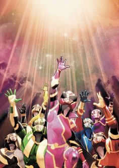 a group of superheros standing in front of the sun with their arms raised up