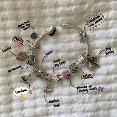 Pandora Charms With Meaning, Charms With Meaning, Pandora Theme Bracelet, Best Pandora Charms, My Pandora Bracelet, Charm Bracelet Pandora Ideas, Pandora Bracelet Inspiration, Pandora Charm Bracelet Ideas, Pandora Charms Aesthetic