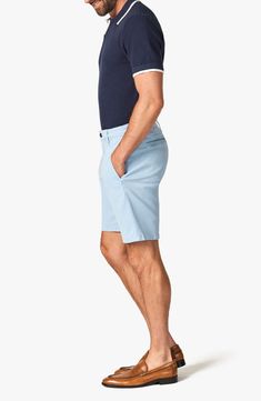 Cool down your warm-weather look with flat-front shorts made from soft, stretchy twill that's nicely draped and cool to the touch. 9 1/2" inseam; 11 1/2" front rise; 16" back rise Zip fly with button closure Front slant pockets; back welt pockets 64% lyocell, 32% cotton, 4% elastane Machine wash, dry flat Made in Turkey Relaxed Fit Bermuda Shorts With 5-inch Inseam, Casual 4-way Stretch Shorts, Casual Blue Shorts With 4-way Stretch, Blue Bottoms With 5-inch Inseam For Spring, Solid Cotton 4-way Stretch Shorts, 4-way Stretch Cotton Shorts, Cotton 4-way Stretch Shorts, Blue Bermuda Shorts For Workwear In Spring, Casual Fitted Bermuda Shorts For Work