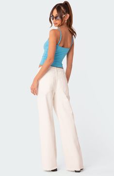 A low rise and relaxed fit lend trend-savvy appeal to nonstretch-denim jeans finished with frayed hems for lived-in appeal. 100% cotton Machine wash, dry flat Imported Casual Everyday Flare Cutoff Jeans, Casual Cutoff Flare Jeans For Everyday, Relaxed Fit Cotton Cutoff Flare Jeans, Relaxed Fit Cotton Flare Jeans With Cutoff, High Rise Denim Blue Cropped Jeans, Denim Blue Cropped Cotton Jeans With Five Pockets, High Rise Relaxed Fit Cropped Cotton Jeans, Everyday Denim Blue Cotton Flare Jeans, High Rise Cropped Cotton Jeans For Spring