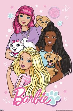 barbies poster with three girls and their puppies on pink background, framed in black frame